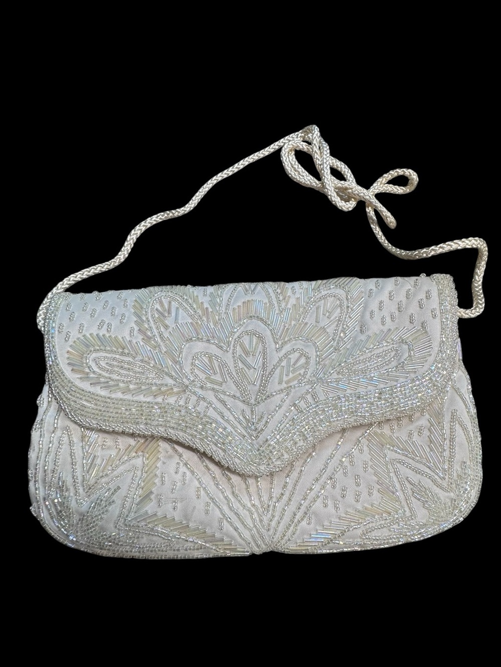 Art Nouveau Beaded White/Ivory Evening Clutch w/Strap- Snap front Inside Pocket